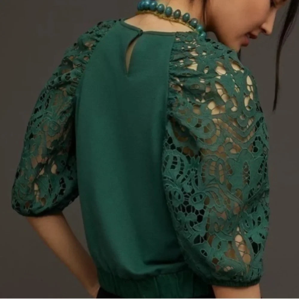 Like New Anthropologie Dolan Lace Puff Sleeve Sweatshirt Top Green Size Small